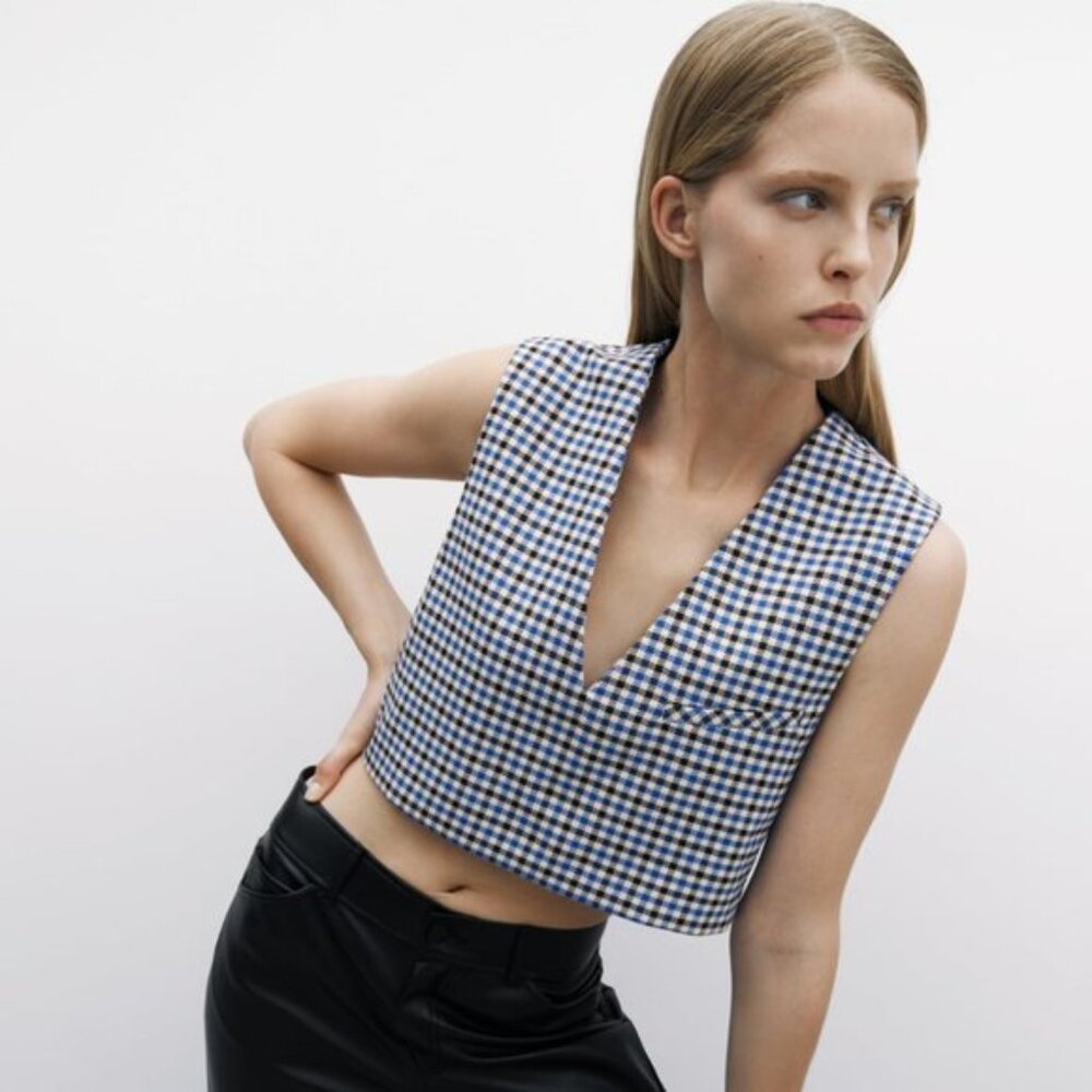 Zara Plaid Checkered Print Sleeveless V-neck Cropped Top sz S